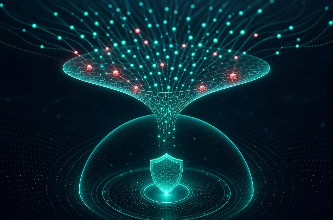 Network traffic filtered through a glowing mesh