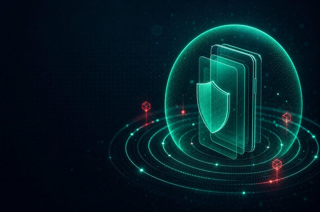 Abstract tech shield over an Android-style device, representing gambling sites blocked on a phone