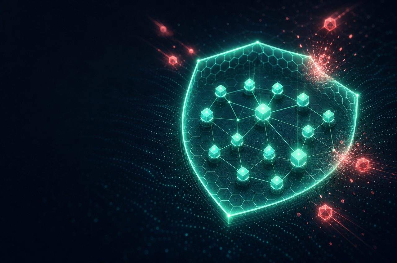Abstract digital shield deflecting gambling icons across devices