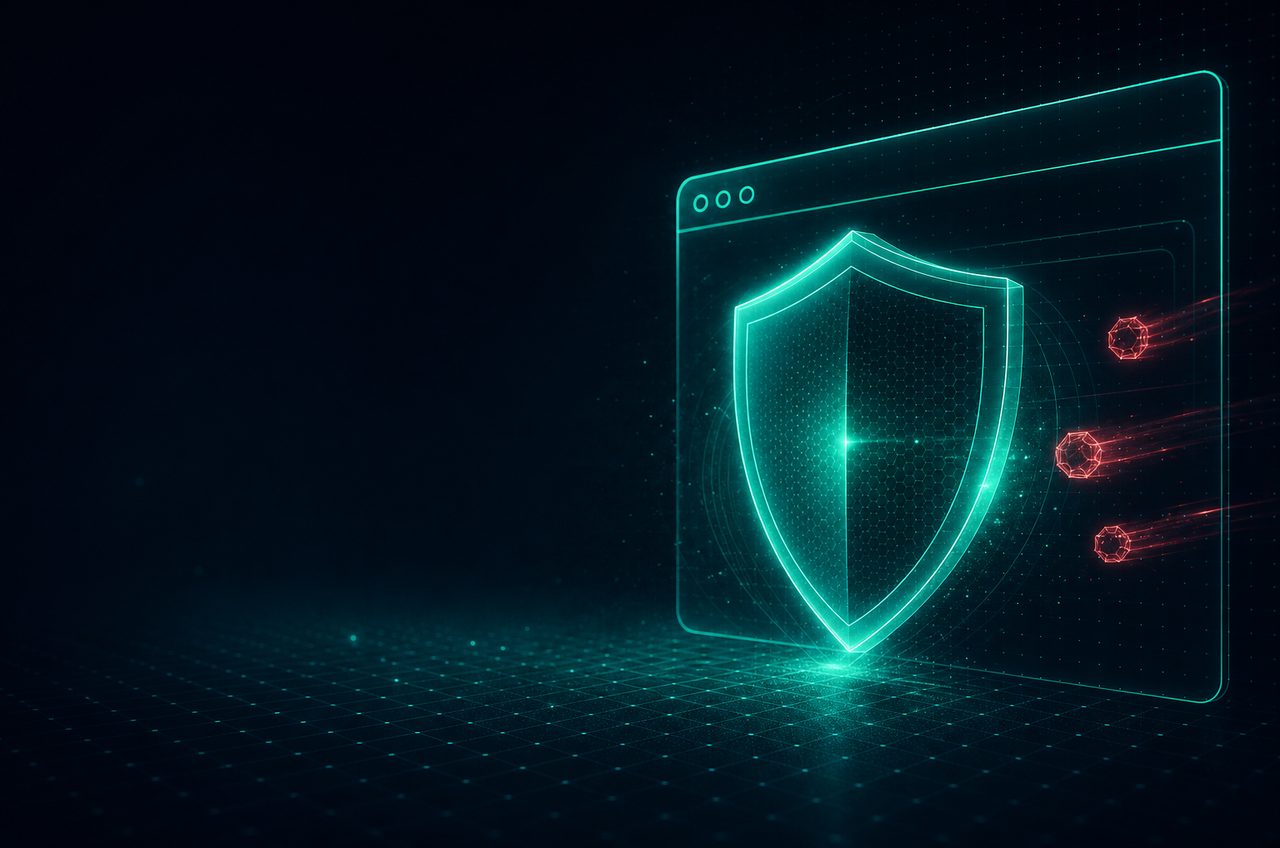 Abstract tech shield over a browser window, representing a gambling blocker working inside Chrome