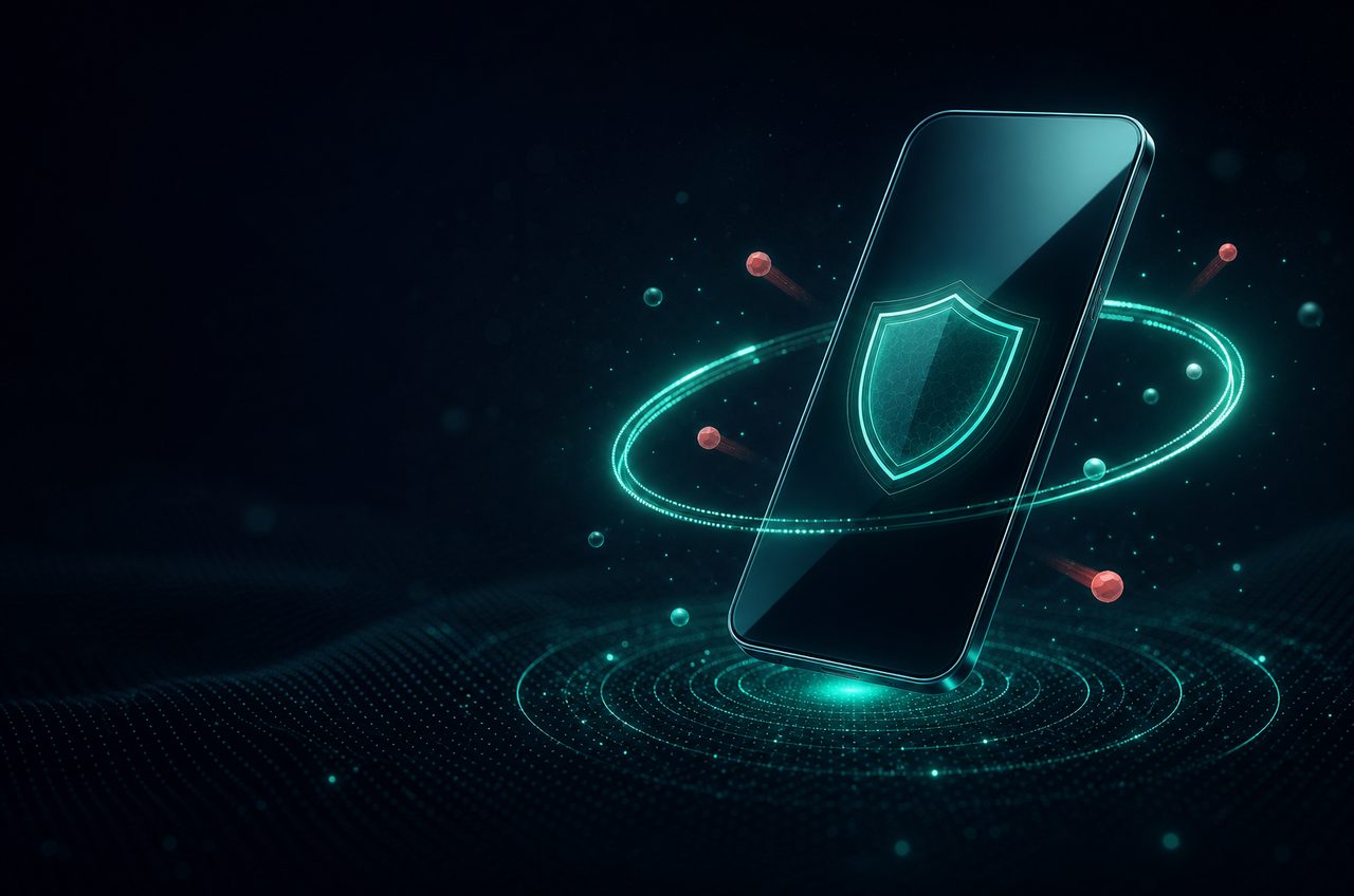 Abstract tech shield glowing over a phone — on-device protection